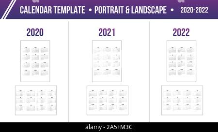 Calendario 2020 2021 2022 anno modello di griglia in orizzontale e in verticale in stile semplice. Inizia settimana da domenica. Stock illustrazione vettoriale isolati su Illustrazione Vettoriale