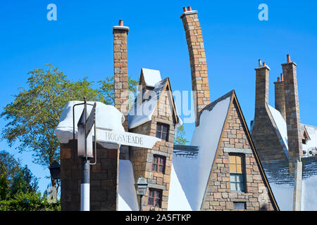 Villaggio Hogsmeade, tetti camini, mondo di Wizarding di Harry Potter, Isole di avventura, Universal Studios, Orlando, Florida, Stati Uniti d'America Foto Stock