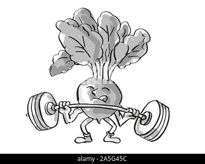 Rétro in stile cartoon di disegno di un radicchio rosso, un sano vegetali o di sollevamento powerlifting un barbell isolato su sfondo bianco fatto in nero e di Pentecoste Foto Stock