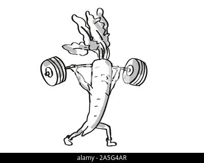 Rétro in stile cartoon di disegno di un ravanello, un sano vegetali o di sollevamento powerlifting un barbell isolato su sfondo bianco fatto in bianco e nero. Foto Stock