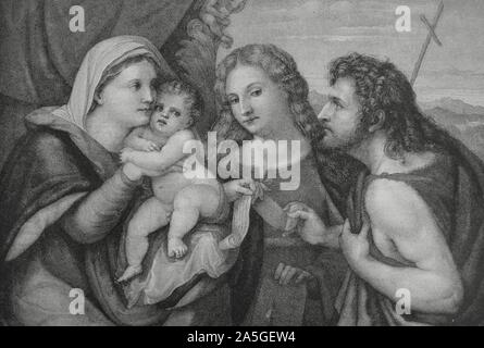 "La Virgen con el Niño, San Juan Bautista y Santa Catalina". Grabado a partir del Cuadro de Palma El Viejo (1480-1528). La Ilustración Española y americana, 8 de diciembre de 1884. Foto Stock