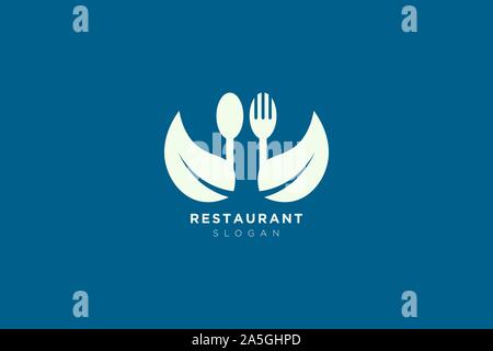Il design del vettore di un ristorante logo con cucchiai, foglie e le forche. Per i prodotti alimentari e di bevande, ristorante etichette del prodotto. Illustrazione Vettoriale