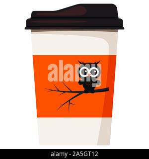 La carta di caffè o di tè Tazza decorata happy Halloween nero gufo carino seduto sul ramo di albero isolato su sfondo bianco. Illustrazione Vettoriale