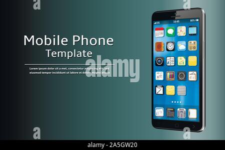 Telefono cellulare modello. Smart phone con le icone delle app mock up. Vettore di dispositivo mobile concept Illustrazione Vettoriale