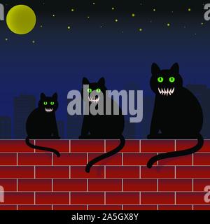 Famiglia gatti con gli occhi verdi e spaventosi volti seduti su un muro di mattoni in città. Tema halloween illustrazione vettoriale. Illustrazione Vettoriale