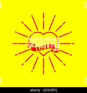 Tatuaggio cuore con i raggi e il nastro con iscrizione amore, vettore simbolo del giorno di san valentino, wedding Illustrazione Vettoriale