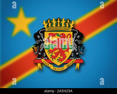 Lo stemma della Repubblica Democratica del Congo, bandiera sfumata in background. Foto Stock