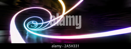 Sfondo panoramico astratto colorato: Curva geometrica al neon. ( piastra posteriore dell'auto, immagine generata digitalmente dal computer di rendering 3D). Foto Stock