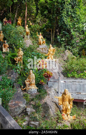 Statue di arhats (buddista equivalente di santi) sul pendio collinare presso il Monastero dei Diecimila Buddha (l'uomo grasso Sze). Sha Tin, Nuovi Territori di Hong Kong. Foto Stock