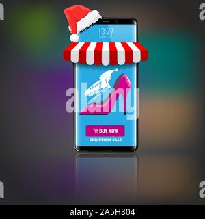Smartphone con Babbo Natale il tappo su di esso per il natale shopping online vendita concetto. Telefono cellulare e anno nuovo design. Illustrazione Vettoriale. Illustrazione Vettoriale