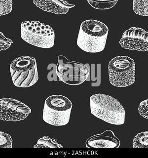 Sushi seamless pattern. La cucina giapponese disegnati a mano illustrazioni vettoriali su chalk board. Tradizionale cibo asiatico dello sfondo. Illustrazione Vettoriale