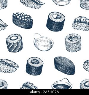 Sushi seamless pattern. La cucina giapponese disegnati a mano illustrazioni vettoriali. Tradizionale cibo asiatico dello sfondo. Illustrazione Vettoriale