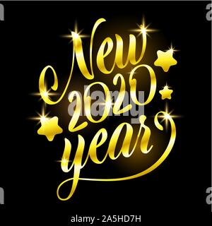 Golden segno felice Nuovo Anno 2020 Holiday illustrazione vettoriale. Oro Lucido composizione scritta con bagliori Illustrazione Vettoriale