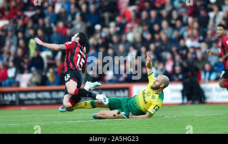 Teemu Pukki di Norwich (a destra) fa scendere Adam Smith di Bournemouth per un fallo durante la partita della Premier League tra AFC Bournemouth e Norwich City al Vitality Stadium Stadium Stadium , Bournemouth , 19 ottobre 2019 - solo per uso editoriale. Nessuna merchandising. Per le immagini di calcio si applicano restrizioni fa e Premier League inc. Nessun utilizzo di Internet/mobile senza licenza FAPL - per i dettagli contattare Football Dataco Foto Stock