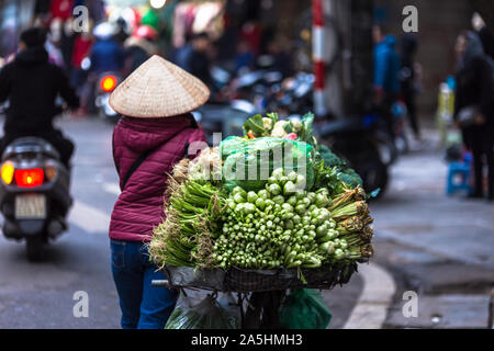 Street peddler vendita di prodotti locali nella città di Hanoi in Vietnam Asia Foto Stock
