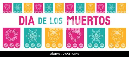 Il giorno dei morti, Dia de los Muertos, coperchio per il sito web, social media, sfondo, banner, biglietto di auguri. Illustrazione Vettoriale messicano con bunting, su Illustrazione Vettoriale
