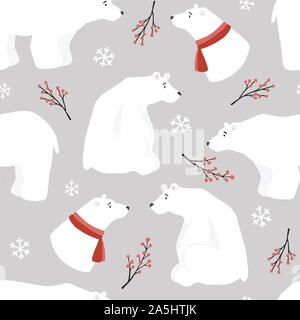 Carino il Natale senza cuciture bianche modello orsi polari,red sciarpe, agrifoglio bacche e caduta di fiocchi di neve.disegnati a mano i ragazzi del design nordico. Inverno scandinavo Illustrazione Vettoriale