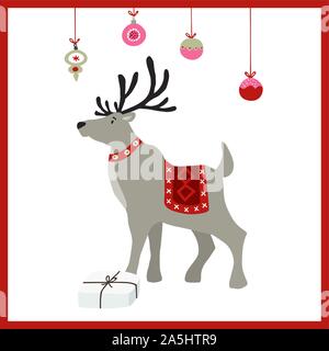 Scandinavian Natale e Anno Nuovo bigliettino, invito. Disegnata a mano illustrazione di renne con le palle di Natale, regali e cornice rossa Illustrazione Vettoriale