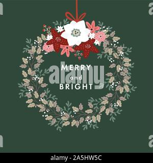 Allegro e luminoso Natale biglietto di auguri, invito. Appendere corona di Avvento in bianco bacche, rami di quercia rossa e fiori poinsettia. Floral Illustrazione Vettoriale