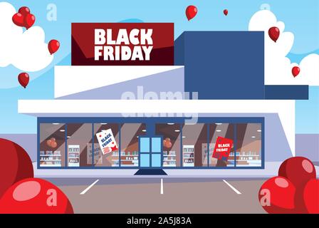 Venerdì nero vendita promozionale shopping banner con prodotti e convenienti illustrazione vettoriale design Illustrazione Vettoriale