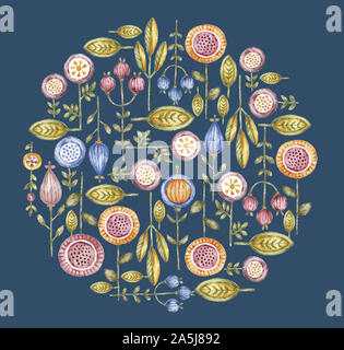 Cerchio fiore acquerello composizione isolata su sfondo blu. Aquarelle bouquet floreali, disegnato a mano. Dipinto a mano fiori selvatici, ghirlanda rotonda Foto Stock
