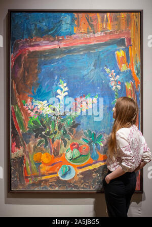 Bonhams, Londra, Regno Unito. Il 21 ottobre 2019. Islamici e indiani e di arte moderna e contemporanea e Centro Arte Orientale sulla vista in Bonhams prima della vendita su 22-23 ottobre. Immagine: Manoucher Yektai (Iran, nato 1922), Still Life In Frame. £80,000-120,000. Credito: Malcolm Park/Alamy Live News. Foto Stock