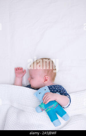 Un simpatico giovane bambino addormentato sotto una coltre abbracciando una maglia orsacchiotto Foto Stock