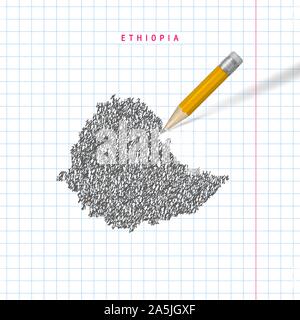 Etiopia schizzo scribble mappa tracciata sulla scuola a scacchi notebook lo sfondo della carta. Disegnata a mano mappa vettoriale di Etiopia. 3D realistiche Matita con gomma. Illustrazione Vettoriale