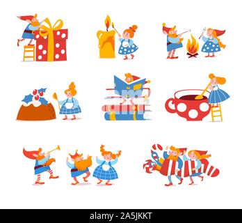 Set di simpatici personaggi elf festeggiare le vacanze di Natale e fare attività invernali Illustrazione Vettoriale