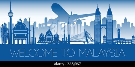 Malaysia famoso blue silhouette design,illustrazione vettoriale Illustrazione Vettoriale