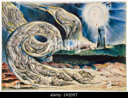 William Blake, incisione in rilievo, colore a mano, illustrazione, Inferno di Dante, Il cerchio del lustro, Paolo e Francesca, 1824-1827 Foto Stock