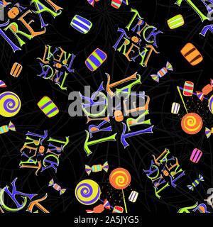 Divertente design di Halloween con dolcetto o scherzetto candy e scritte a mano in arancione, verde, giallo, viola. Vettore di Seamless pattern su textured spiderweb Illustrazione Vettoriale