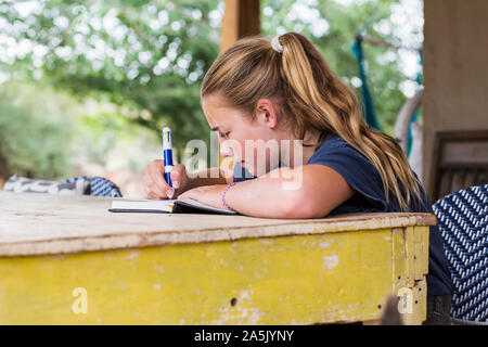 13 year old girl la lettura e la scrittura nel suo diario Foto Stock