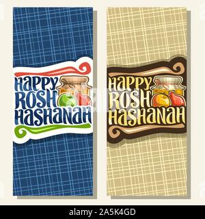 Vettore banner verticale per la festa ebraica di Rosh Hashanah, sul layout festosa cibo sano - autunno miele, il giallo e il verde mela, dolce melograno, o Illustrazione Vettoriale