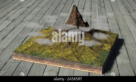 Modello di una sezione di terreno con alta montagna e nubi intorno al picco Foto Stock