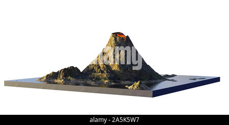 Vulcano erutta lava, sezione trasversale modello dell isola con il vulcanismo isolati su sfondo bianco Foto Stock