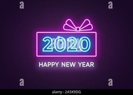 Felice nuovo anno 2020, insegna al neon di messaggio di saluto festivo. Composizione al neon con confezione regalo telaio, 2020 Numero e testo. Festive banner, poster, Card. Blu e Illustrazione Vettoriale
