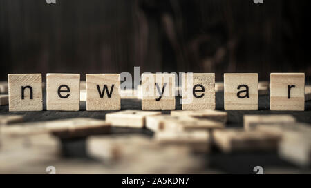 Anno nuovo concetto - ' nuovo anno' scritto su blocchi di legno, close up Foto Stock