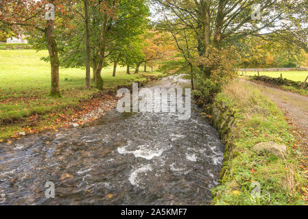 Fiume Aire sopra ponte Hanlith Foto Stock