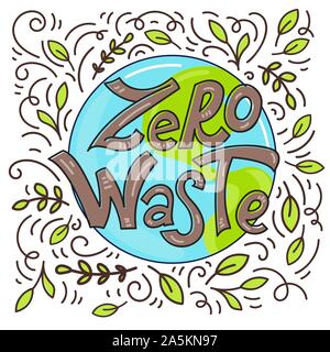 Rifiuti Zero concetto. Uno stile di vita eco. Assenza di plastica. Scritte a mano con elementi disegnati. Lineare e moderno stile doodle Illustrazione Vettoriale
