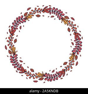 Retrò disegnati a mano impostato con foglie di autunno nel round ghirlanda di concept design.Vettore disegno botanico. Composizione d'autunno. Illustrazione Vettoriale
