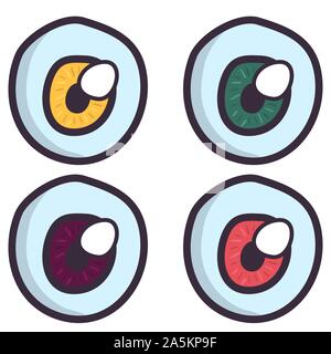 Disegnata a mano creepy eyeball impostato in stile cartoon su sfondo bianco. Festa di Halloween. Spooky monster carattere. Occhio icona vettore. Illustrazione Vettoriale