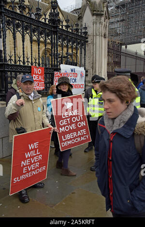 Westminster, Londra, Regno Unito. Il 21 ottobre 2019. Brexit rimangono e lasciare gli attivisti raccolte e scambiate riscaldata commenti al di fuori del Palazzo di Westminster ancora oggi come MP è continuato a dibattito Brexit. G.P. Essex/Alamy Live News. Foto Stock