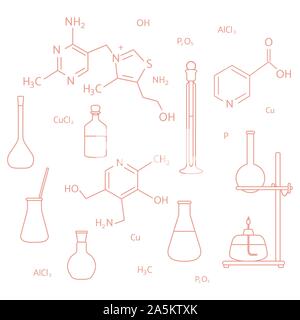 Illustrazione Vettoriale con matracci vetreria, il bruciatore, apparecchiature stand, formule chimiche. Attrezzature di laboratorio. L'istruzione. La scienza giorno. Chimica, biolog Illustrazione Vettoriale