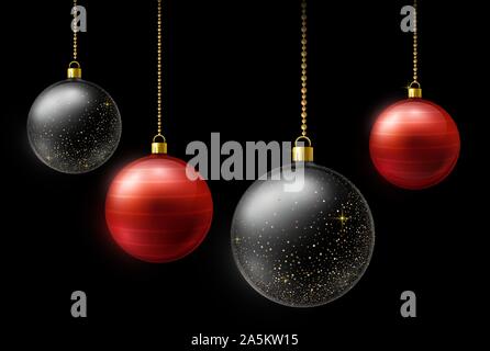 Realistico di colore nero e rosso palle di Natale appeso su oro perle catene su sfondo scuro Illustrazione Vettoriale