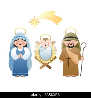 Presepe. La Santa Famiglia e la Betlemme shooting star su bianco. Simpatici personaggi dei cartoni animati. Illustrazione Vettoriale. Illustrazione Vettoriale