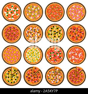 Grande set colorato per tutto il turno di pizza calda fetta, triangolo per pizzeria menu. Pizza sul pannello di legno, ingredienti a varie dimensioni per pizzeria a Lavagna. Illustrazione Vettoriale