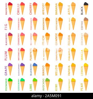 Grande set colorato di diversi tipi di ghiaccio naturale crema, struttura icecream varie dimensioni. Gelato consistente del pasto di raccolta, i gelati per il dado di organico Illustrazione Vettoriale