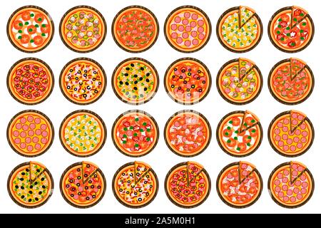 Grande set colorato per tutto il turno di pizza calda fetta, triangolo per pizzeria menu. Pizza sul pannello di legno, ingredienti a varie dimensioni per pizzeria a Lavagna. Illustrazione Vettoriale