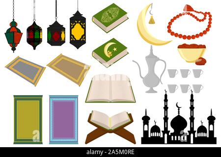 Illustrazione sul tema grande set di colori diversi tipi oggetto alla celebrazione holiday Ramadan kareem. Disegno costituito da collezione religiosa del Ramadan Illustrazione Vettoriale